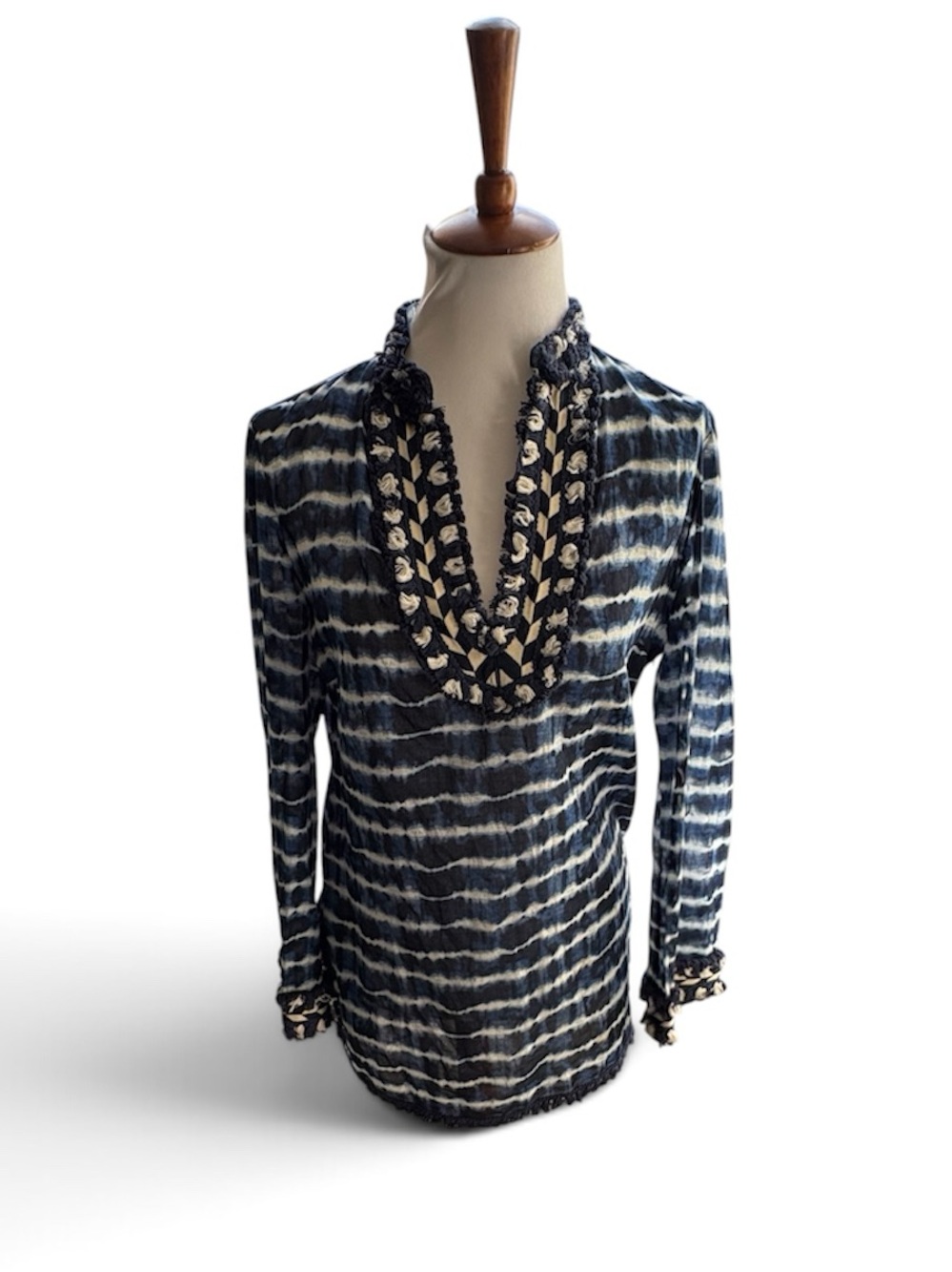 Tory Burch Navy and White Tie-Dye V-Neck Long Sleeve Top